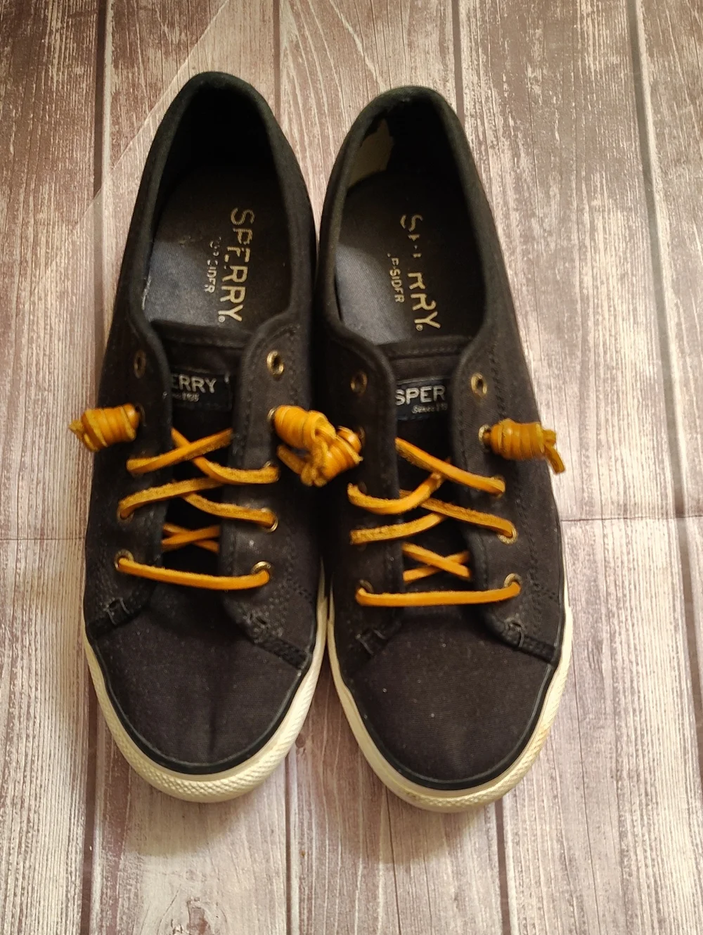 Sperry Black Canvas Sneakers with Yellow Laces